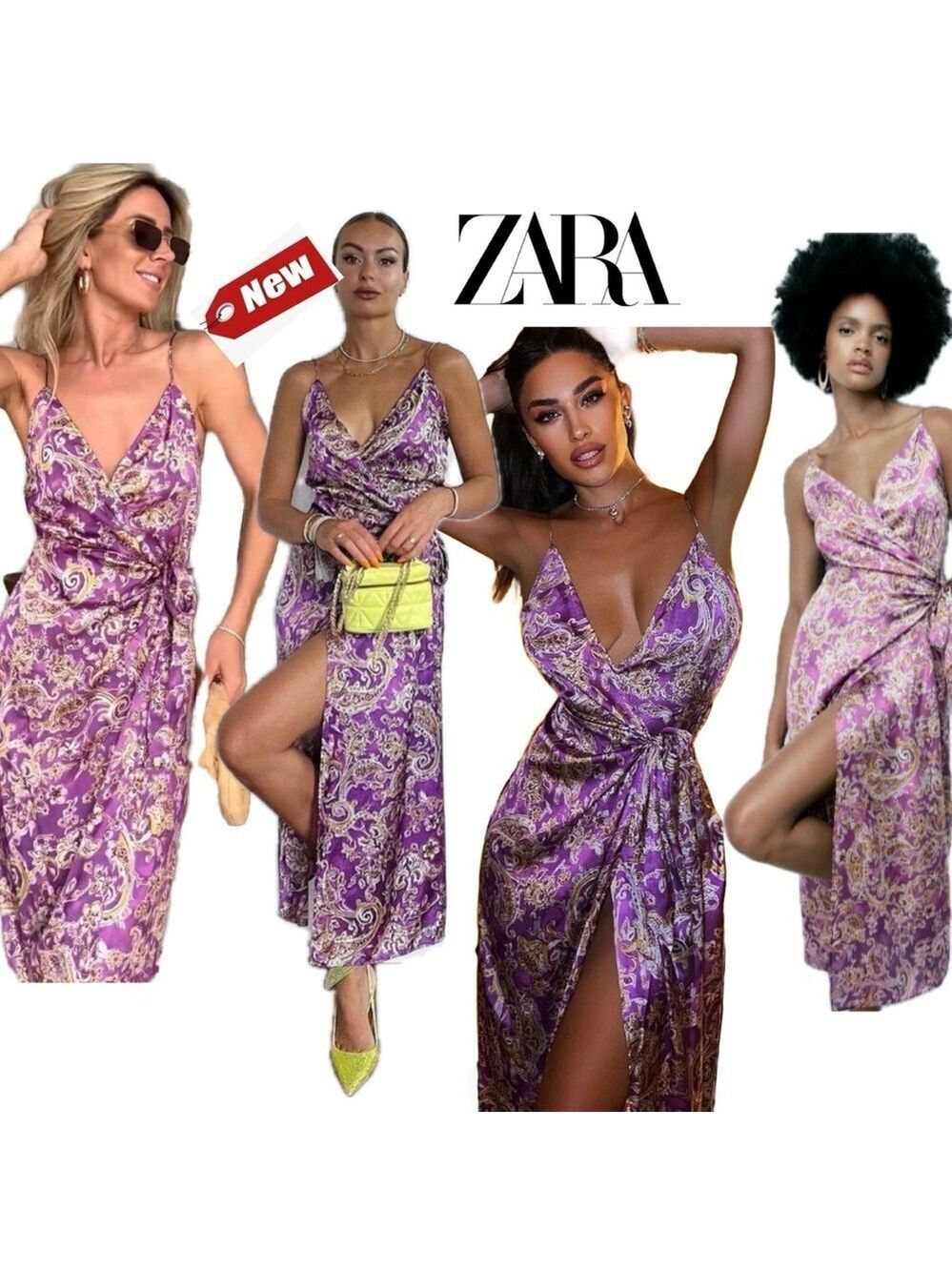 Zara purple yellow floral paisley satin effect spaghetti strap V-neck wrap dress
